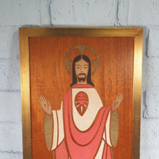 Wood Sacred Heart of Jesus Religious Iconography Mid Century 13x25 Vtg 2