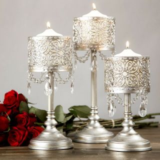 3 - Piece Antique Silver Hurricane Candle Holder Set Home Accent Centerpiece