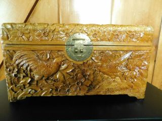 Vintage Hand Carved Chinese Camphor Wood Box / Chest / Roosters And Flowers