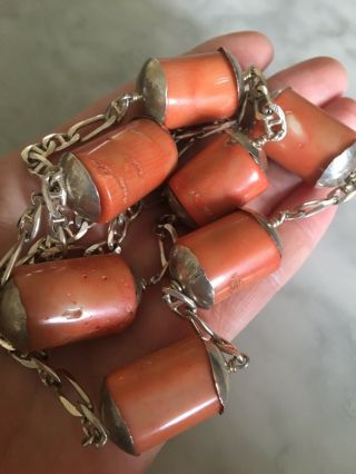 Vintage Heavy Natural Italian Coral Necklace With Sterling Silver Chain.