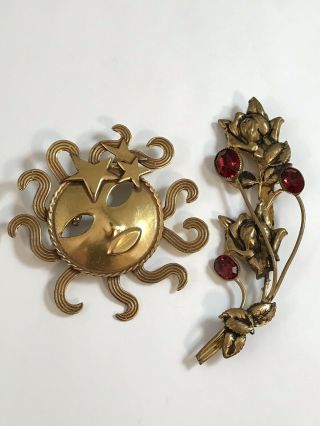 2 Vintage Gorgeous Rhinestone Joseff Of Hollywood “ Sun And Flower “ Brooch Pin