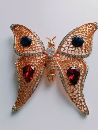Kenneth Lane Kjl Stupendous Vtg Couture Ruby/sapphire Butterfly Brooch - - Rare