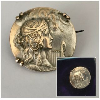 Antique Jewellery Art Nouveau Lady Silver/gold Tone Circular Brooch Dress Pin