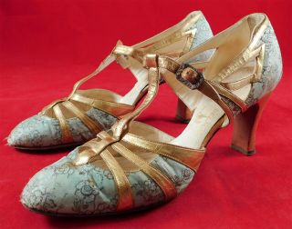 1930s Vintage Delman Ny Art Deco Green Silk Lame Gold Leather T - Strap Shoes