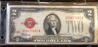 Vintage 1928 Red Seal Series F United States Jefferson Two Dollar Bill - Exc Con