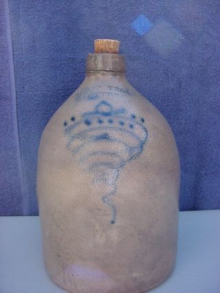 Vintage West Troy Pottery Salt Glazed Gallon Jug With Bee Sting Design