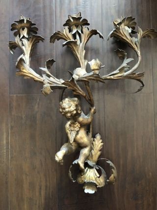 Large Vintage Italian Gilt Copper Cherub Wall Art Candle Sconce Flower Vines