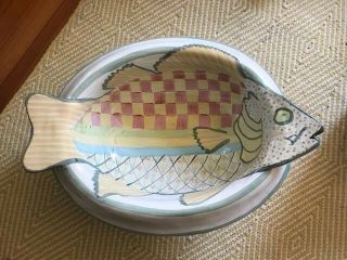 Rare Mackenzie Childs Pottery Fish Platter Pedestal Centerpiece Bowl