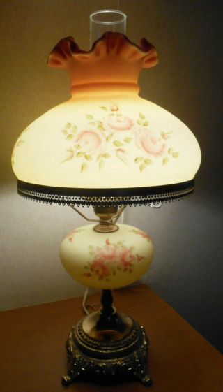 Vintage Fenton Burmese Pink Rose Lamp Hand Painted Signed Gloria Finn 1973
