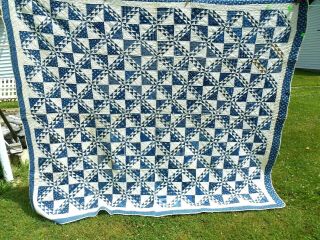 Vintage Hand Stitched Blue And White Quilt - 80 " X 70 "