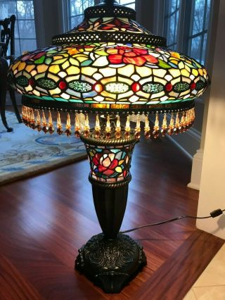 Set of 2 Table Lamps 2Light Lit Base Stained Glass Tiffany Vintage Style Bronze 2