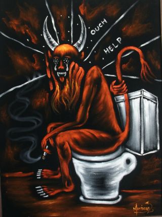 Satan Devil On Toilet Black Velvet Oil Painting Vintage Style Art