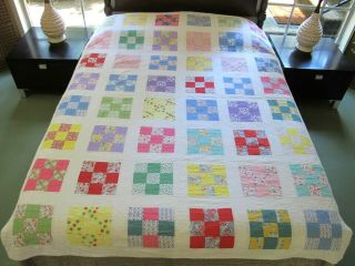Vintage Hand Pieced & Quilted Feed Sack,  Other Cotton Nine Patch Quilt 82 " X 63 "