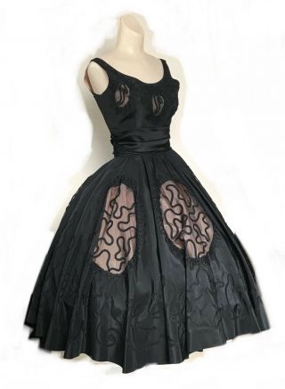 Vtg 50s Black Taffeta Satin Nude Cutout Full 360 Circle Skirt Couture Dress Vlv