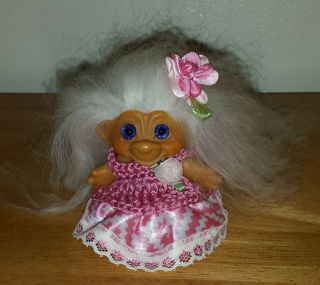 Vintage Troll Doll 2.  5 " C64 Dam White Hair And Sparkly Blue Eyes,  2 Outfits