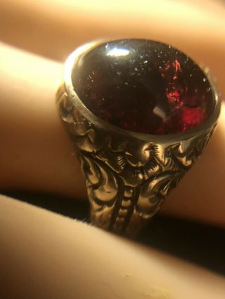 Vtg Victorian 10k Ornate Etched Floral Red Fire Opal Ring Stunning