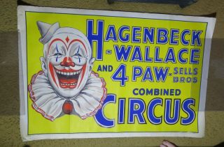 Ebab Hagenbeck Wallace And 4 Paw Sells Bros.  Combined Circus Poster Vintage