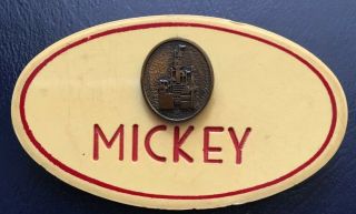 Vintage Disneyland Cast Member Name Badge W/ 1 Year Service Pin “mickey”