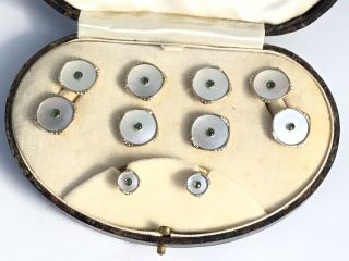Vintage 9ct Gold,  Mother Of Pearl And Emerald Collar Studs,  Cufflinks & Buttons