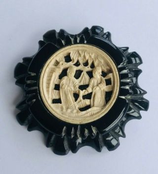 Antique Victorian Whitby Jet Cameo Brooch Centre Carving