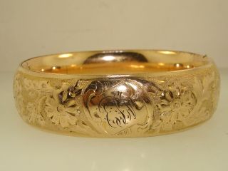 ANTIQUE VICTORIAN ROSE GOLD FILLED REPOUSSE HINGED BANGLE 