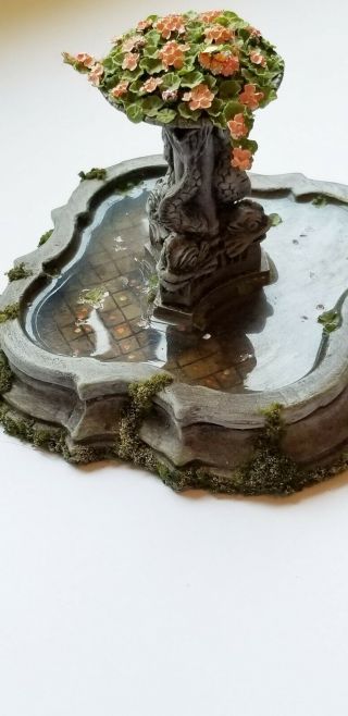 Vintage Grey Cast Fountain With Water And Dolphin Center With Floers Signed