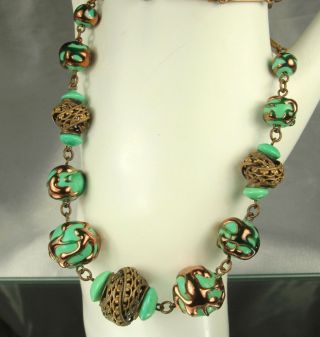 1930s Czech Peking Glass Necklace Art Deco 16.  5 " Signed Gold Drizzled Beads Fab