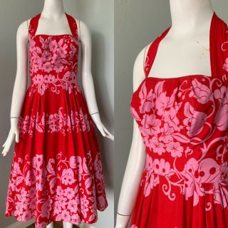 50s Kamehameha Pink & Red Hawaiian Cotton Halter Dress | Vlv | Pin Up | M