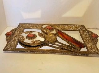 Vintage/antique Rare 4 Pc Jeweled Ormolu Vanity Dresser Set Gold Filigree Glass