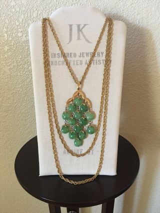 Rare Vtg 16 " Crown Trifari Gold Tone Jade Green Lucite Bead Waterfall Necklace