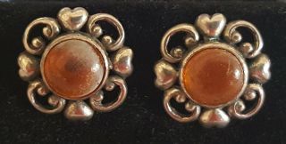 Sterling Silver & Amber Vintage Art Deco Antique Pin Earrings