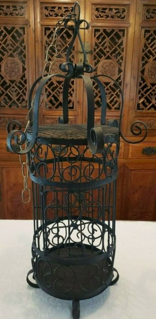 Vintage Decorative Black Wrought Iron Bird Cage,  26 " Tall