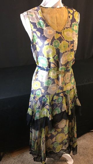 Antique Edwardian Roaring 20s Flapper Dress Ruffles Sheer Crepe Silk Floral