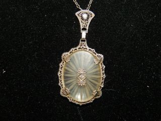 Art Deco 10k White Gold Camphor Glass Diamond Necklace.