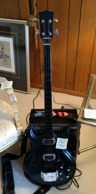 Vintage Hohner Fretless Bass Black Semi - Hollow Body Black Widow w Case 4