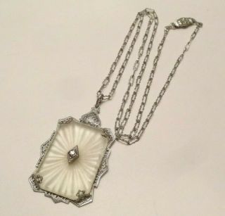 Antique Art Deco Filigree Camphor Glass Pendant Chain Necklace Sterling Silver