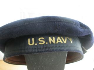 Vintage Wwii Era Us Navy Uniform Blue Wool Pancake Flat Top Hat Cap 1940s 1950s