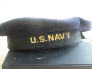 Vintage WWII Era US Navy Uniform Blue Wool Pancake Flat Top Hat Cap 1940s 1950s 3