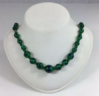 Vintage Murano Glass Blue & Green Bead Necklace 44cm In Length