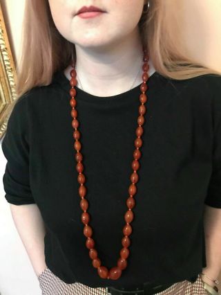 Antique C1900 Scottish Chinese Carved Carnelian Agate Olive Beads Long Necklace