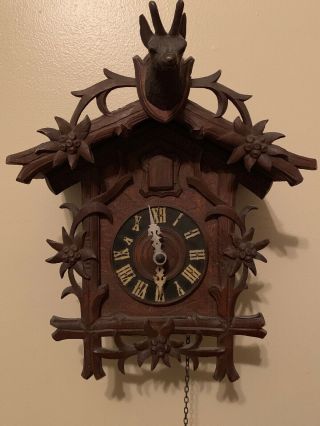 Vintage Wooden Cuckoo Clock Deer Flowers Ornate