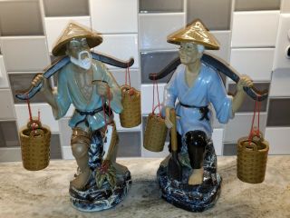 2 Vintage LARGE Figurine Chinese Shiwan Mud Men 13 ' Shekwan Farmer / Fisherman 3