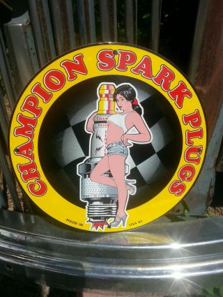Vintage 1961 Champion Spark Plug Porcelain Sign Gas Pump Oil Battery Pin Up Nos