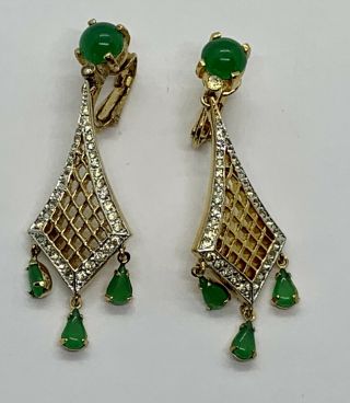Vintage Signed Panetta Faux Diamond Emerald Paste Rhinestone Dangle Earrings