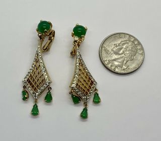 Vintage Signed Panetta Faux Diamond Emerald Paste Rhinestone Dangle Earrings 2