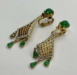 Vintage Signed Panetta Faux Diamond Emerald Paste Rhinestone Dangle Earrings 3