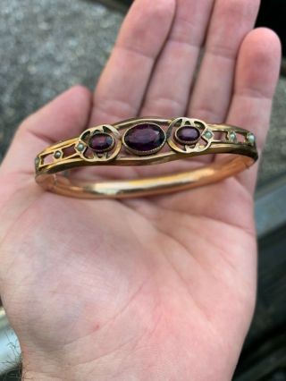 Antique Victorian Edwardian Gold Filled Purple Stone Bangle Bracelet