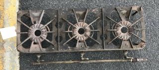 Vtg Heavy Cast Iron Rare 3 Burner Camping Stove Top Gas Grill Footed 36” X 12”