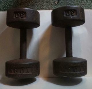 Vintage York Cast Iron Dumbbells Pair 30 Lb Weights Round Head Pre Logo