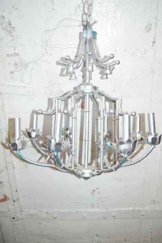 Vintage Faux Bamboo Tole Metal Chandelier Pagoda Palm Beach Light 2
